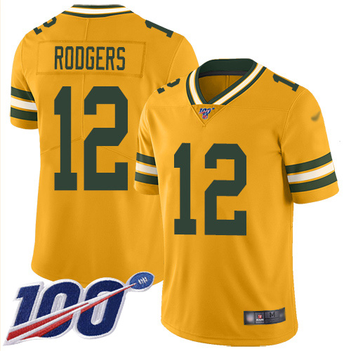 Personalized Packers #12 Aaron Rodgers Gold Youth Stitched Football Limited Inverted Legend 100th Season Jersey