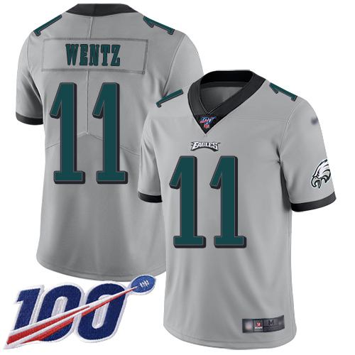 Personalized Eagles #11 Carson Wentz Silver Youth Stitched Football Limited Inverted Legend 100th Season Jersey