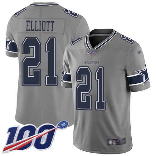 Personalized Cowboys #21 Ezekiel Elliott Gray Youth Stitched Football Limited Inverted Legend 100th Season Jersey