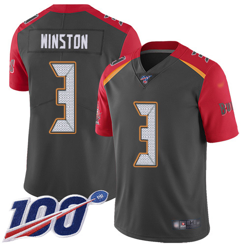 Personalized Buccaneers #3 Jameis Winston Gray Youth Stitched Football Limited Inverted Legend 100th Season Jersey