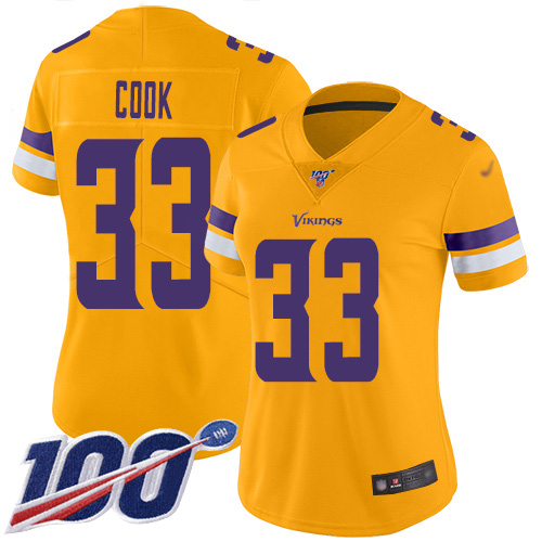 Personalized Vikings #33 Dalvin Cook Gold Women’s Stitched Football Limited Inverted Legend 100th Season Jersey