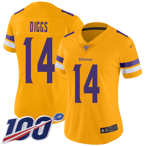 Personalized Vikings #14 Stefon Diggs Gold Women’s Stitched Football Limited Inverted Legend 100th Season Jersey