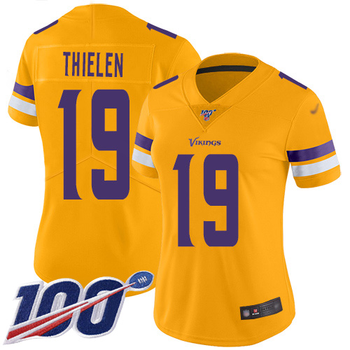 Personalized Vikings #19 Adam Thielen Gold Women’s Stitched Football Limited Inverted Legend 100th Season Jersey
