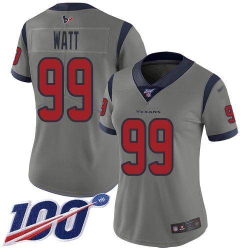 Personalized Texans #99 J.J. Watt Gray Women’s Stitched Football Limited Inverted Legend 100th Season Jersey