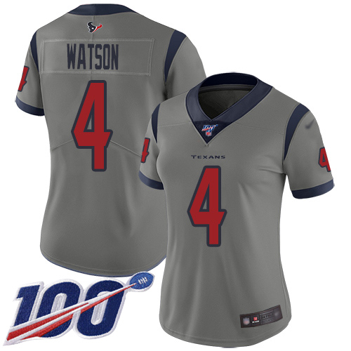 Personalized Texans #4 Deshaun Watson Gray Women’s Stitched Football Limited Inverted Legend 100th Season Jersey