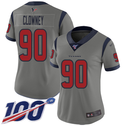 Personalized Texans #90 Jadeveon Clowney Gray Women’s Stitched Football Limited Inverted Legend 100th Season Jersey