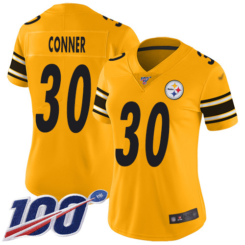 Personalized Steelers #30 James Conner Gold Women’s Stitched Football Limited Inverted Legend 100th Season Jersey