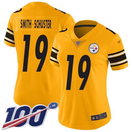 Personalized Steelers #19 JuJu Smith-Schuster Gold Women’s Stitched Football Limited Inverted Legend 100th Season Jersey