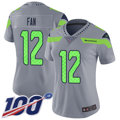 Personalized Seahawks #12 Fan Silver Women’s Stitched Football Limited Inverted Legend 100th Season Jersey
