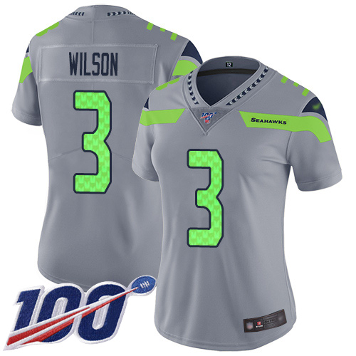 Personalized Seahawks #3 Russell Wilson Silver Women’s Stitched Football Limited Inverted Legend 100th Season Jersey