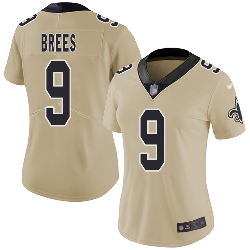 Personalized Saints #9 Drew Brees Gold Women’s Stitched Football Limited Inverted Legend Jersey