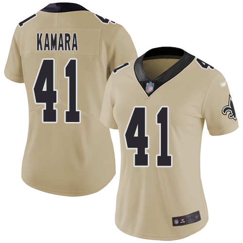 Personalized Saints #41 Alvin Kamara Gold Women’s Stitched Football Limited Inverted Legend Jersey