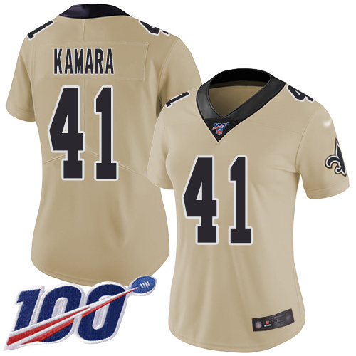 Personalized Saints #41 Alvin Kamara Gold Women’s Stitched Football Limited Inverted Legend 100th Season Jersey
