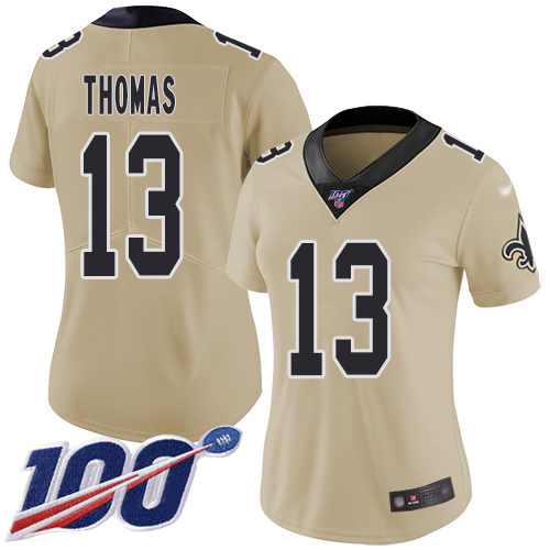 Personalized Saints #13 Michael Thomas Gold Women’s Stitched Football Limited Inverted Legend 100th Season Jersey