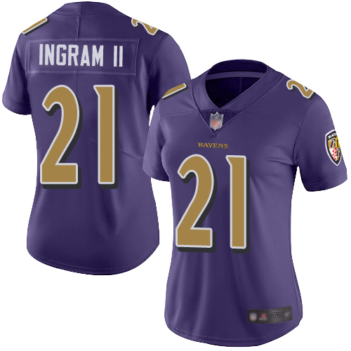Personalized Ravens #21 Mark Ingram II Purple Women’s Stitched Football Limited Rush Jersey