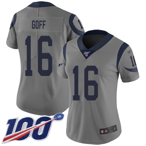 Personalized Rams #16 Jared Goff Gray Women’s Stitched Football Limited Inverted Legend 100th Season Jersey