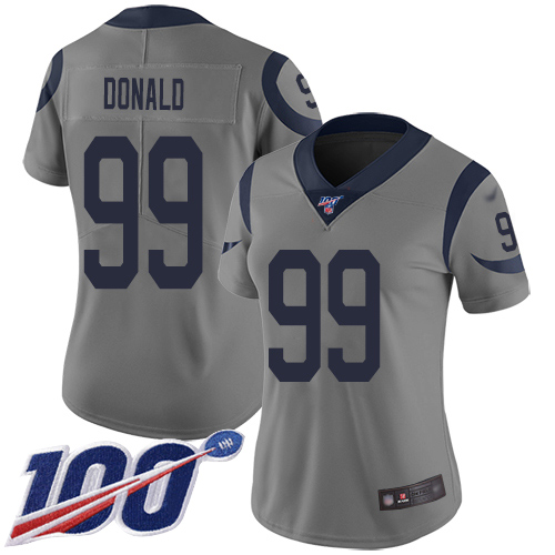 Personalized Rams #99 Aaron Donald Gray Women’s Stitched Football Limited Inverted Legend 100th Season Jersey