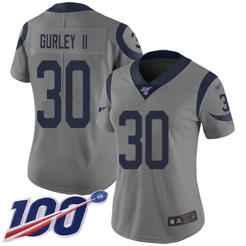 Personalized Rams #30 Todd Gurley II Gray Women’s Stitched Football Limited Inverted Legend 100th Season Jersey