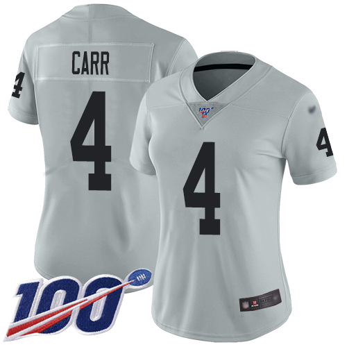 Personalized Raiders #4 Derek Carr Silver Women’s Stitched Football Limited Inverted Legend 100th Season Jersey