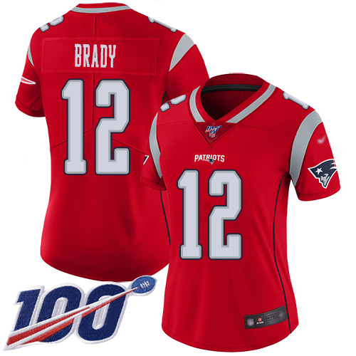 Personalized Patriots #12 Tom Brady Red Women’s Stitched Football Limited Inverted Legend 100th Season Jersey