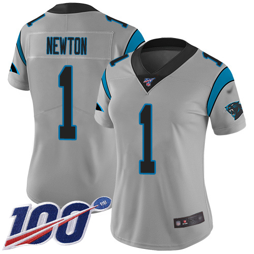 Personalized Panthers #1 Cam Newton Silver Women’s Stitched Football Limited Inverted Legend 100th Season Jersey