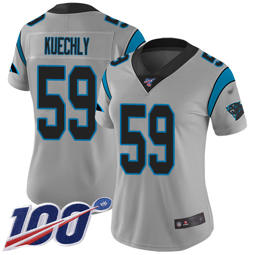 Personalized Panthers #59 Luke Kuechly Silver Women’s Stitched Football Limited Inverted Legend 100th Season Jersey