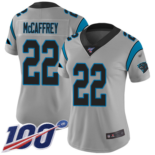 Personalized Panthers #22 Christian McCaffrey Silver Women’s Stitched Football Limited Inverted Legend 100th Season Jersey
