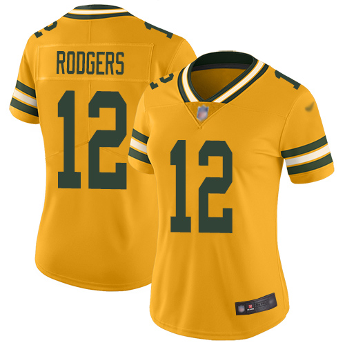 Personalized Packers #12 Aaron Rodgers Gold Women’s Stitched Football Limited Inverted Legend Jersey