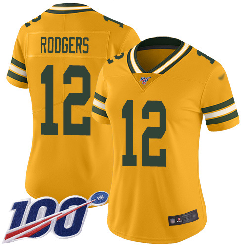 Personalized Packers #12 Aaron Rodgers Gold Women’s Stitched Football Limited Inverted Legend 100th Season Jersey