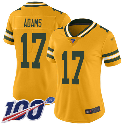 Personalized Packers #17 Davante Adams Gold Women’s Stitched Football Limited Inverted Legend 100th Season Jersey