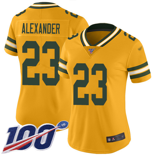 Personalized Packers #23 Jaire Alexander Gold Women’s Stitched Football Limited Inverted Legend 100th Season Jersey