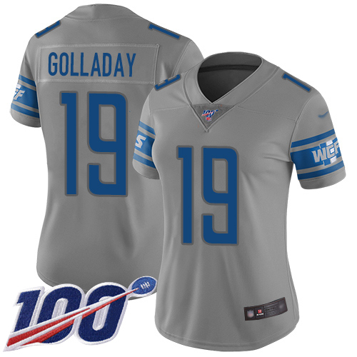 Personalized Lions #19 Kenny Golladay Gray Women’s Stitched Football Limited Inverted Legend 100th Season Jersey
