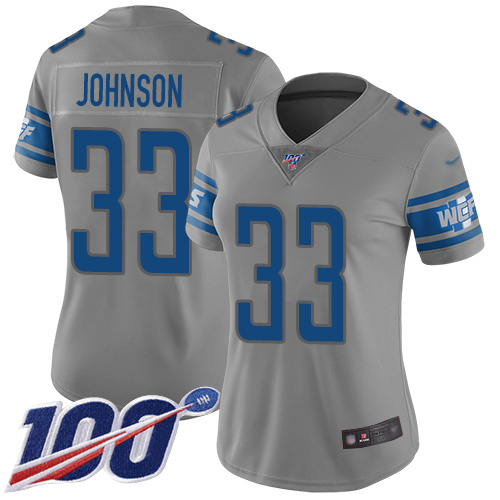 Personalized Lions #33 Kerryon Johnson Gray Women’s Stitched Football Limited Inverted Legend 100th Season Jersey