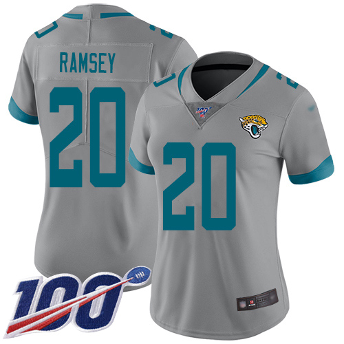 Personalized Jaguars #20 Jalen Ramsey Silver Women’s Stitched Football Limited Inverted Legend 100th Season Jersey