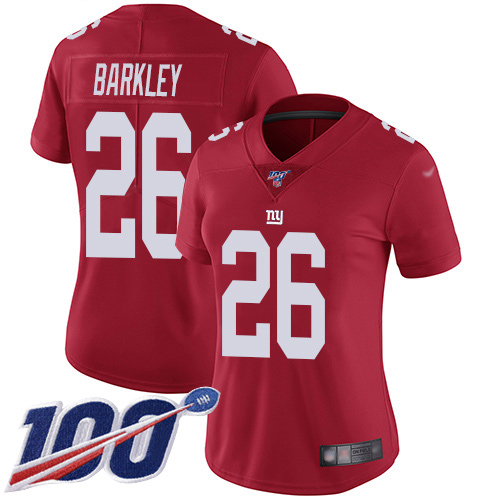 Personalized Giants #26 Saquon Barkley Red Women’s Stitched Football Limited Inverted Legend 100th Season Jersey