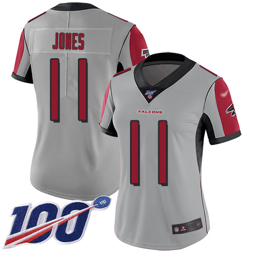 Personalized Falcons #11 Julio Jones Silver Women’s Stitched Football Limited Inverted Legend 100th Season Jersey