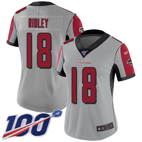 Personalized Falcons #18 Calvin Ridley Silver Women’s Stitched Football Limited Inverted Legend 100th Season Jersey