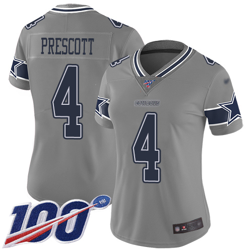Personalized Cowboys #4 Dak Prescott Gray Women’s Stitched Football Limited Inverted Legend 100th Season Jersey