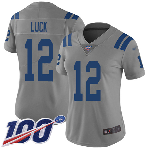 Personalized Colts #12 Andrew Luck Gray Women’s Stitched Football Limited Inverted Legend 100th Season Jersey