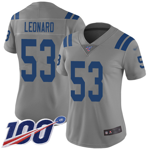 Personalized Colts #53 Darius Leonard Gray Women’s Stitched Football Limited Inverted Legend 100th Season Jersey
