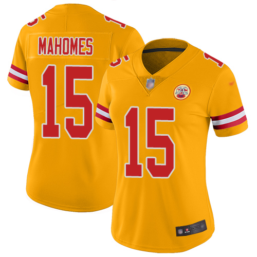 Personalized Chiefs #15 Patrick Mahomes Gold Women’s Stitched Football Limited Inverted Legend Jersey