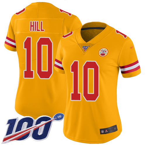 Personalized Chiefs #10 Tyreek Hill Gold Women’s Stitched Football Limited Inverted Legend 100th Season Jersey