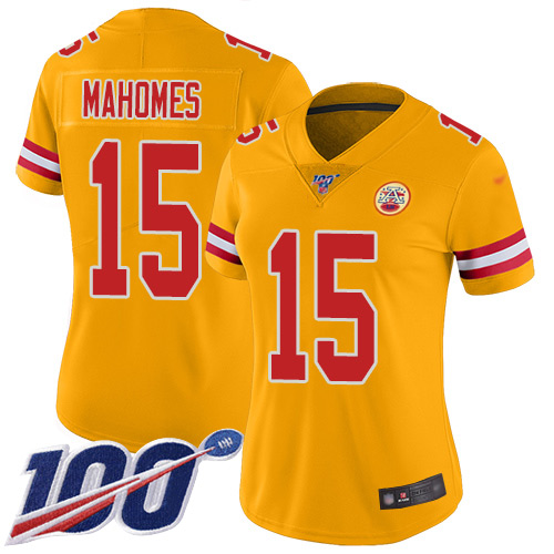 Personalized Chiefs #15 Patrick Mahomes Gold Women’s Stitched Football Limited Inverted Legend 100th Season Jersey