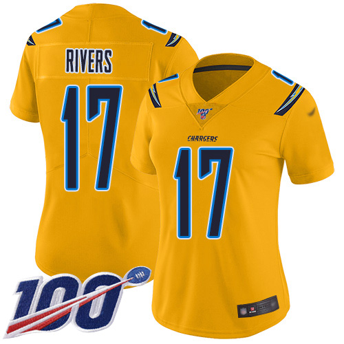 Personalized Chargers #17 Philip Rivers Gold Women’s Stitched Football Limited Inverted Legend 100th Season Jersey