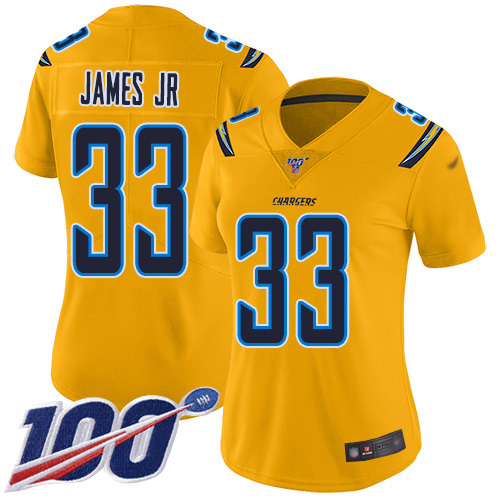 Personalized Chargers #33 Derwin James Jr Gold Women’s Stitched Football Limited Inverted Legend 100th Season Jersey