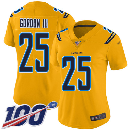 Personalized Chargers #25 Melvin Gordon III Gold Women’s Stitched Football Limited Inverted Legend 100th Season Jersey