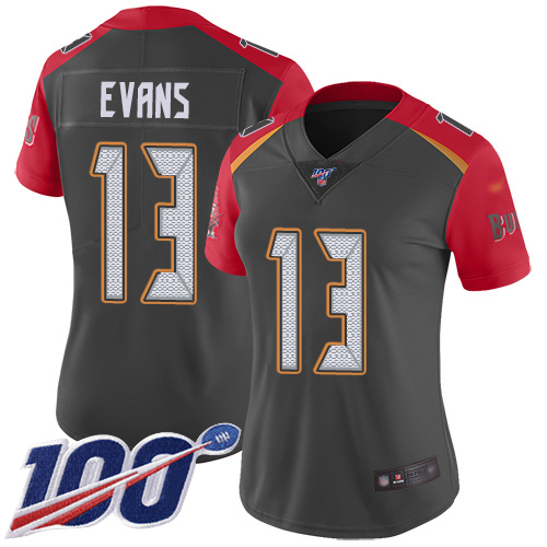 Personalized Buccaneers #13 Mike Evans Gray Women’s Stitched Football Limited Inverted Legend 100th Season Jersey