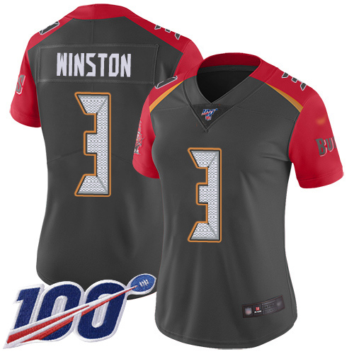 Personalized Buccaneers #3 Jameis Winston Gray Women’s Stitched Football Limited Inverted Legend 100th Season Jersey
