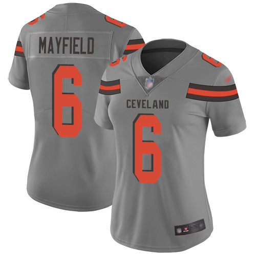 Personalized Browns #6 Baker Mayfield Gray Women’s Stitched Football Limited Inverted Legend Jersey