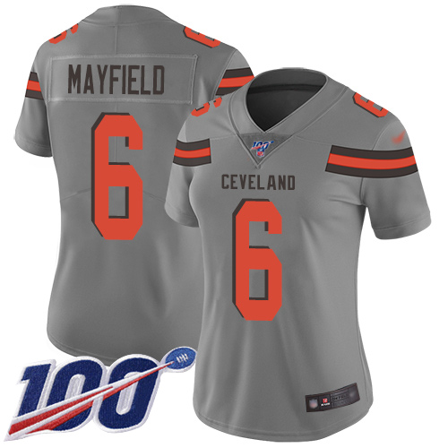 Personalized Browns #6 Baker Mayfield Gray Women’s Stitched Football Limited Inverted Legend 100th Season Jersey
